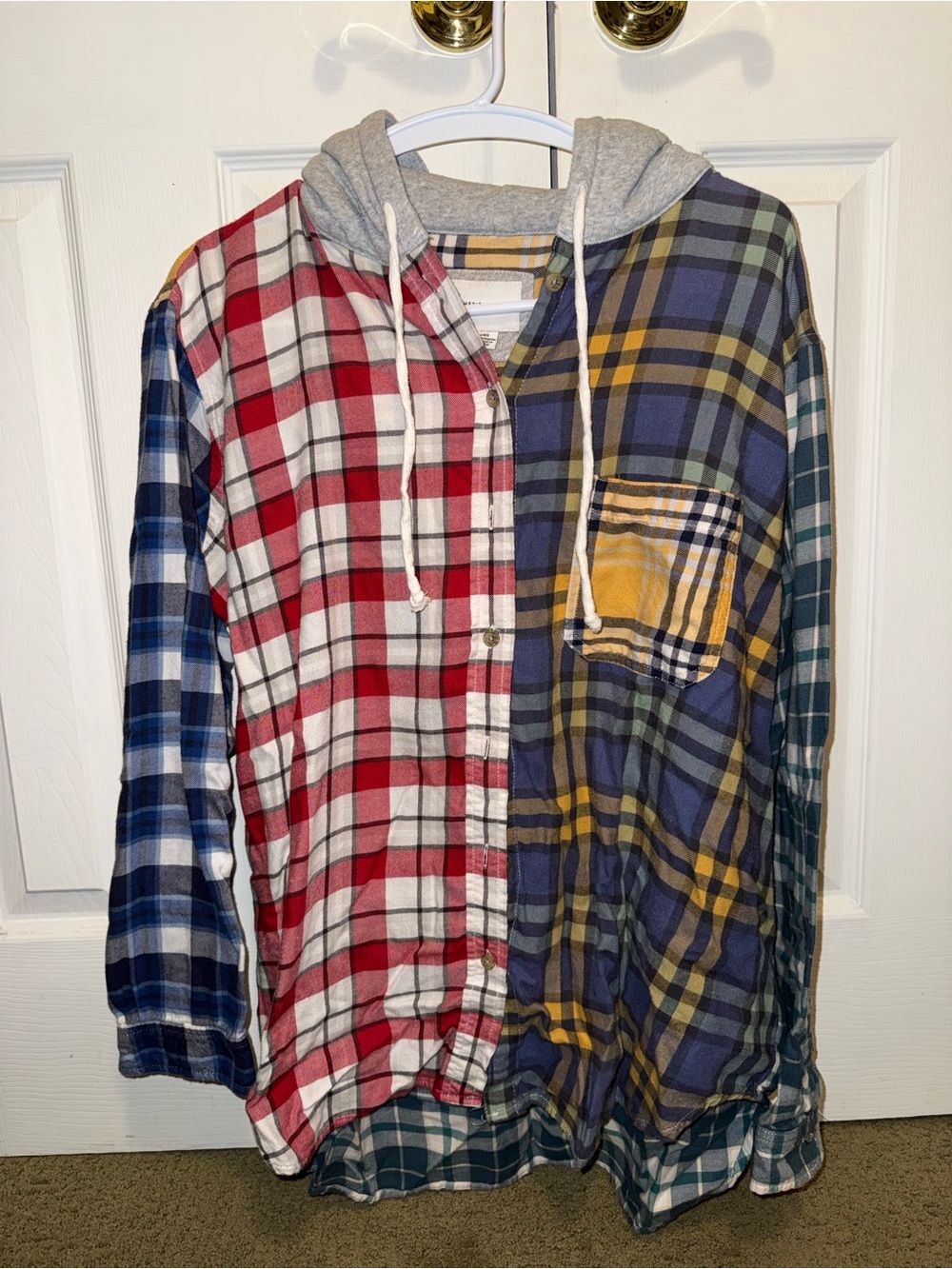 American Eagle Multi-Plaid Hooded Flannel - Red, Yellow, Blue